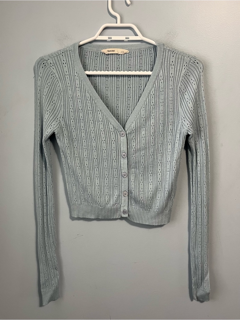 ✨ 3/$30 Bluenotes Pale Blue Ribbed V-Neck Button Eyelet Crop Cardigan Size L